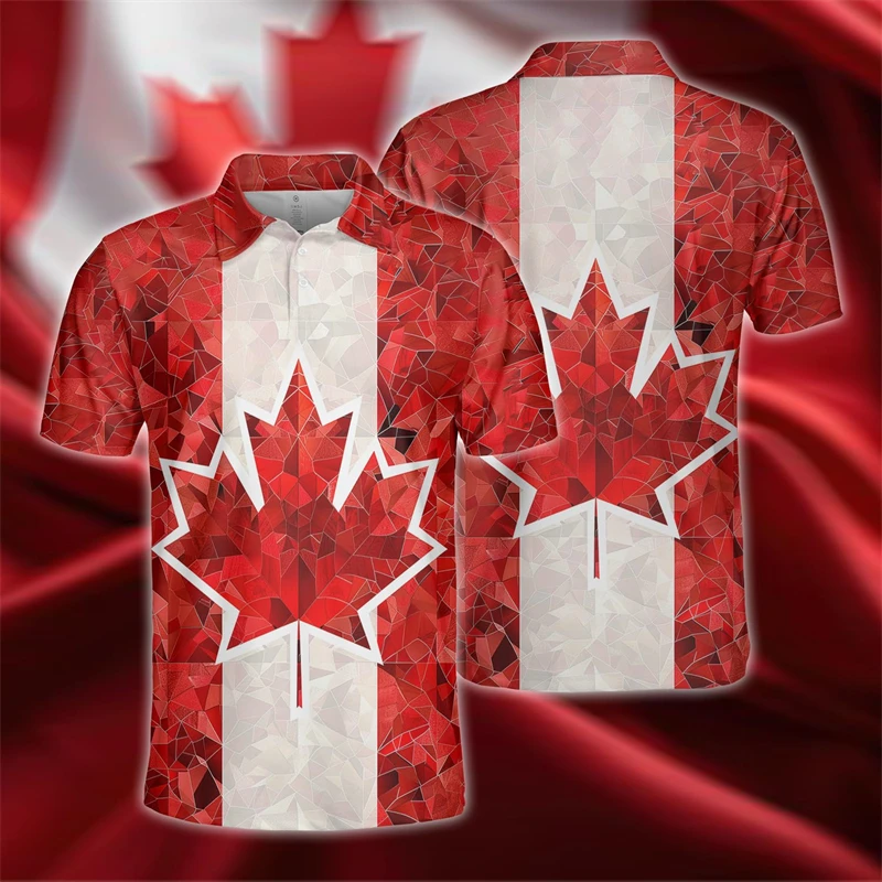 Canada Day 3D Printed Polo Shirts For Men Clothes Canadian Flag Maple Leaf Lapel POLO Shirt Boy Patriotic Button Tops Boy Tee