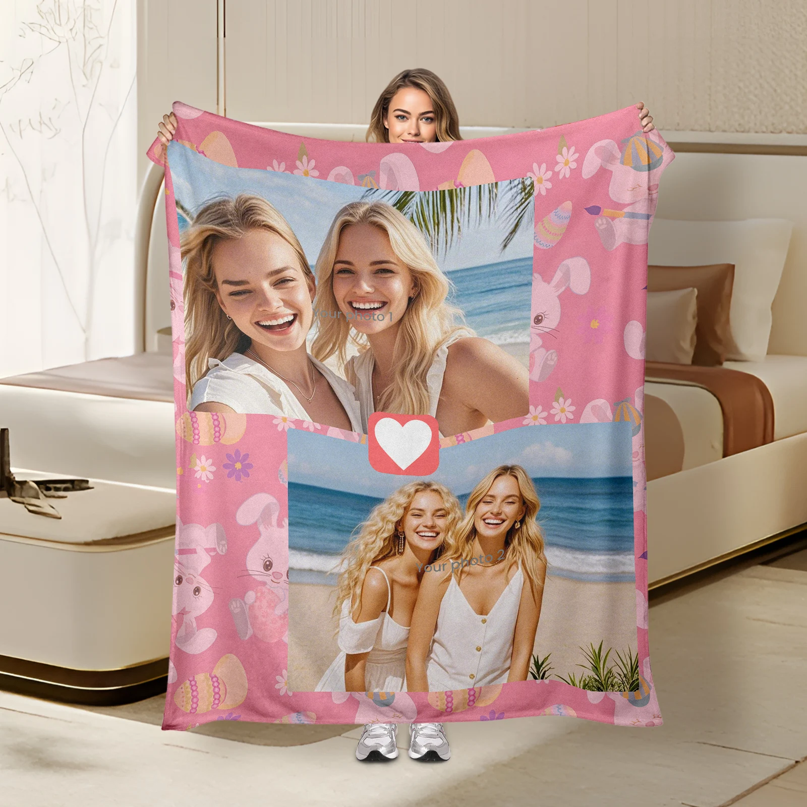 

Cozy Flannel Blanket Featuring Fixed Bunny Eggs And Two Custom Photos Perfect For Easter Celebrations