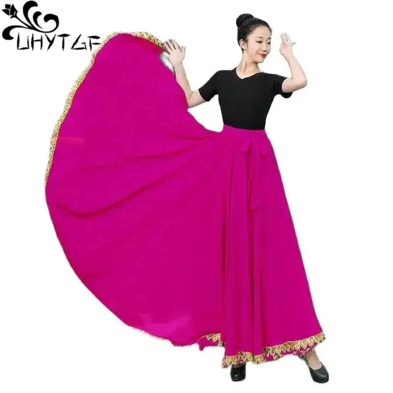 

Women Skirt 720 Degree Swing Chiffon Skirt Elastic Waist Phnom Splicing Dance Clothing Red Green Spring Summer Autumn Long Skirt