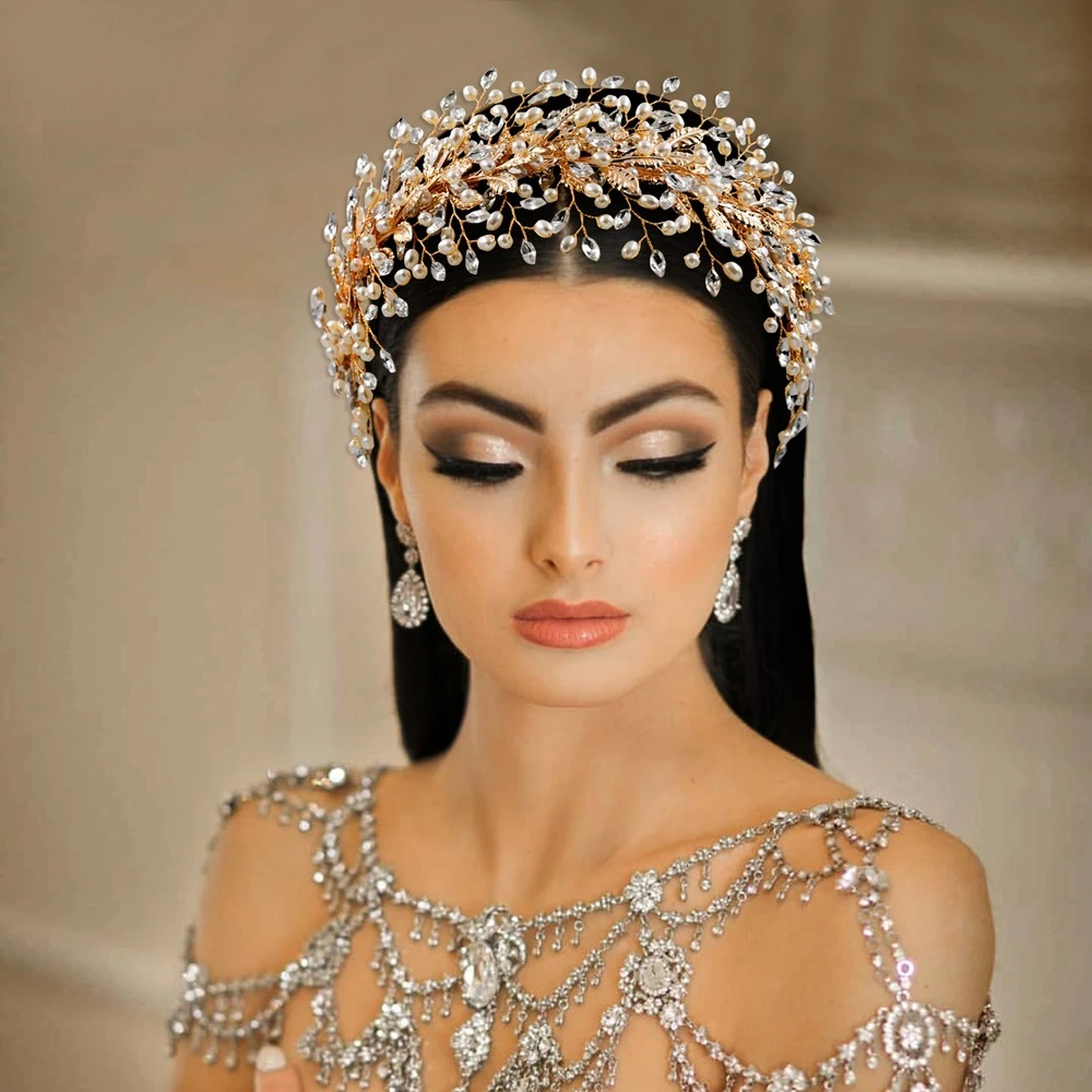 High-end Elegant Female Exquisite Luxury Sparkling Rhinestone Pearl Leaf Design Handmade Stage Hairwear Bridal Hairband