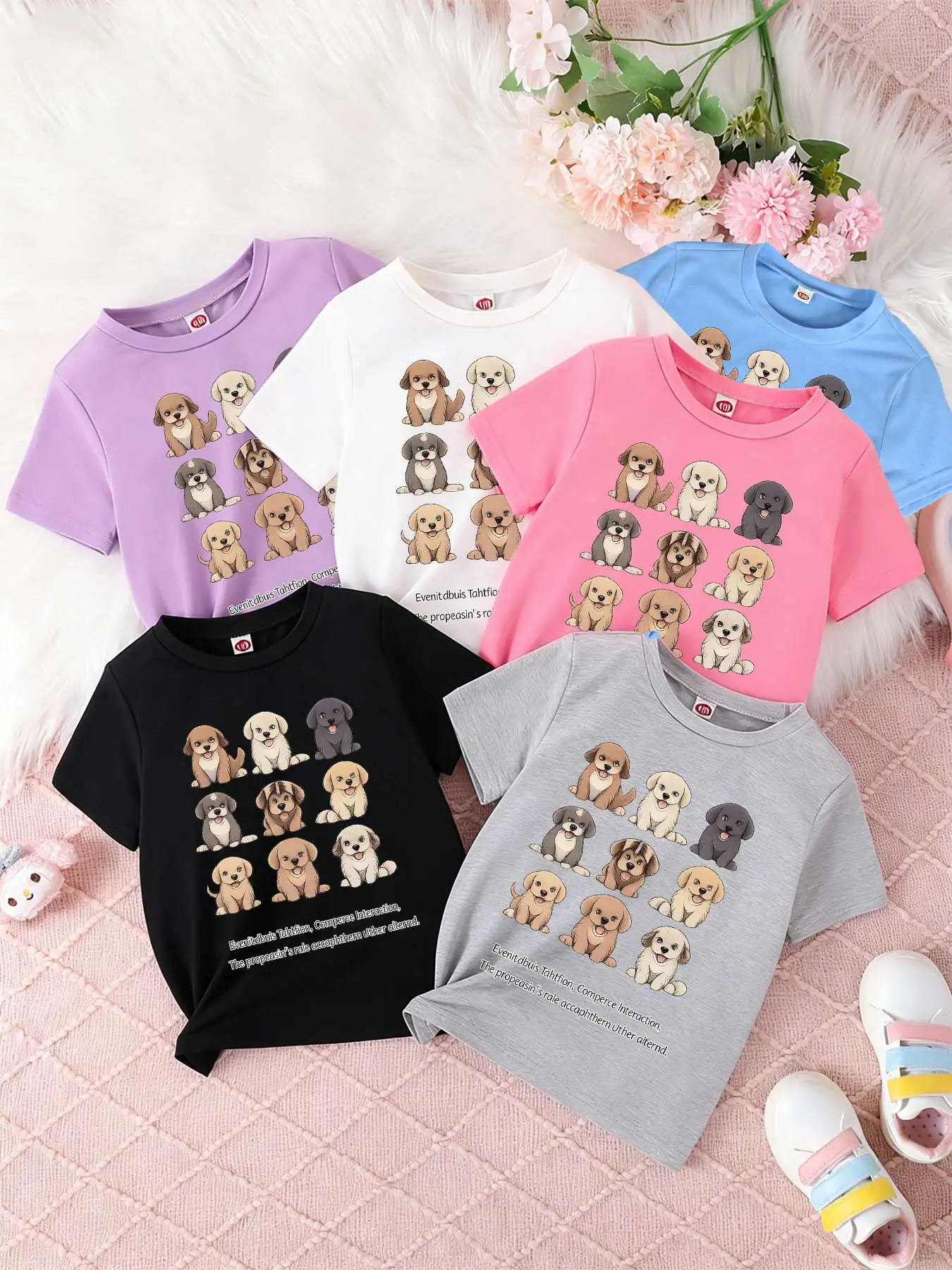 

Children's short-sleeved T-shirts for boys and girls, loose and breathable,cute puppies,dog puppies,cartoon dogs,puppy art