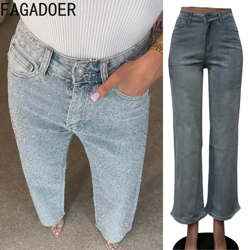 

FAGADOER Vintage Fashion Rhinestone Patchwork Pants for Woman Wash High-waisted Straight-leg Pants Female Streetwear Bottoms New