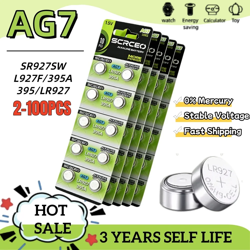 

2-100PCS AG7 LR927 1.55V Alkaline Coin Cell, Also SR927W/399, for Watch, Toy, Remote Control