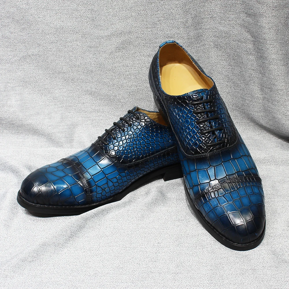Men's Oxfords Genuine Leather Handmade Crocodile Pattern Snake Print Lace-Up Cap Toe Wedding Party Office Dress Shoes for Men
