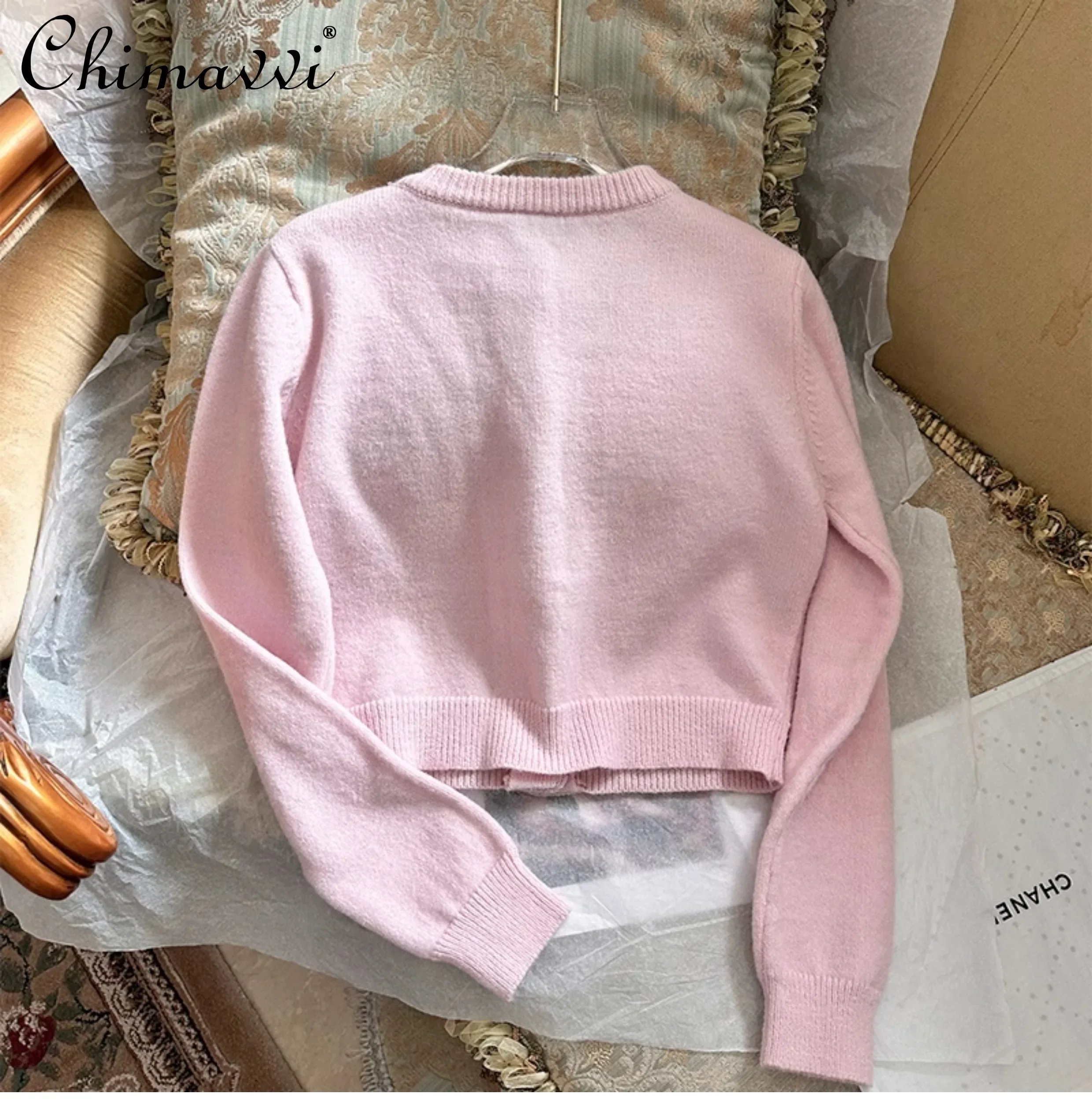 Autumn Winter New Heavy Nail Diamond Sweater Girl Pink Short Knitted Cardigan Mid-length Skirt 2-piece Set Women\'s Skirt Sets