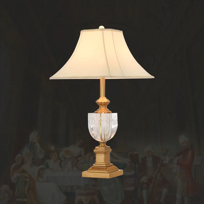 

French Retro Decorative Fabric Desk Lamps Villa Living Room Bedroom Study Bedside Lamp Full Copper Crystal Table Lamp
