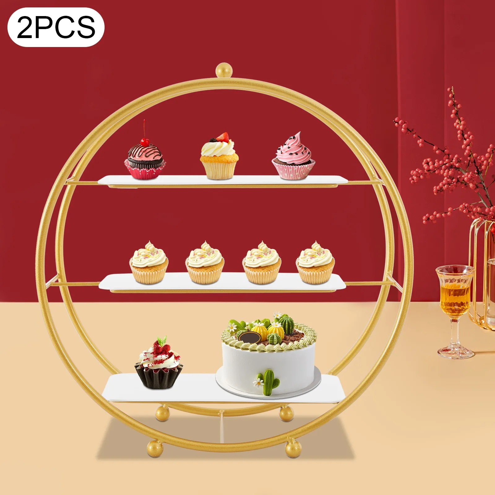 

Золотая 3-уровневая подставка для торта, 2 упаковки, железная витрина для десерта для свадьбы, дня рождения, вечеринки, сборки не требуется, элегантные тарелки для мероприятий
