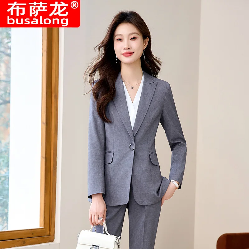 Women's Suit Jacket Autumn Winter Elegant Goddess Style Workwear Professional Formal Wear High-end Quilted Gray Suit Set