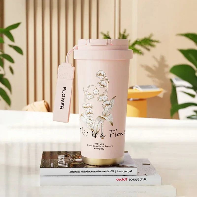 Woman Flower Coffee Mug 500ml 316 Stainless Steel Vacuum Flask Straw and Directly Drinking Insulated Tumbler Thermal Cup