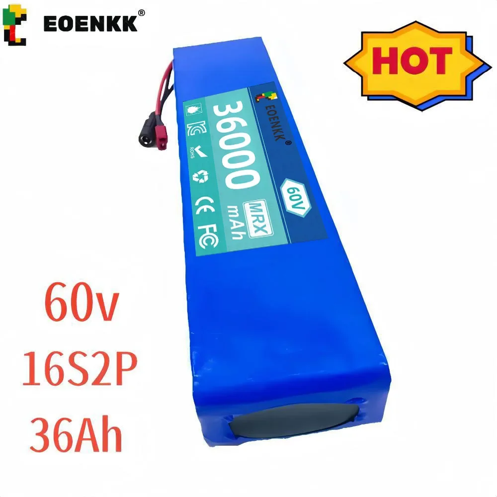 EOENKK 60V 16S2P 36000mah 18650 Lithium Ion Battery Pack 67.2V for Electric Bike Scooter Scooter Kids Car Built In 1000 Watt Bms