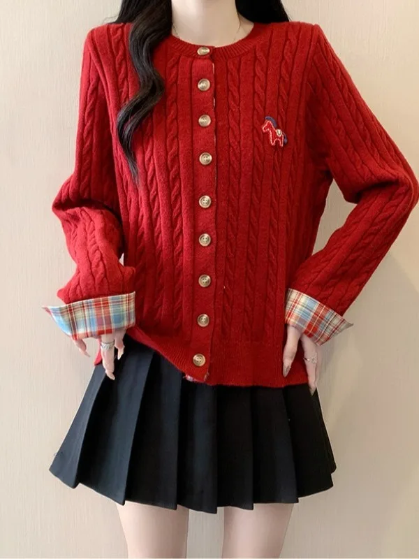 

Red Embroidered Knitted Sweater Coat for Women Winter New Style plus Size Big MM Twisted Knit Open Cardigan Commute Style Loo...