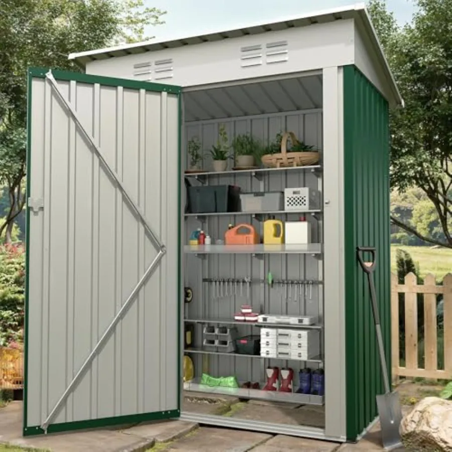 Outdoor storage shed for backyard, patio, garden: 5x3 ft metal tool shed in green with sloping roof, lockable door, compact uti