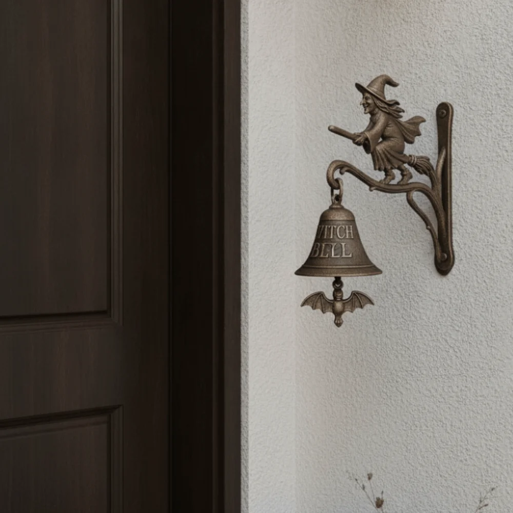 Unique Vintage Halloween Witch Doorbell Alloy Wall-mounted Witch Wind Chimes Copper-colored Sounding Halloween Door Hanger Bar