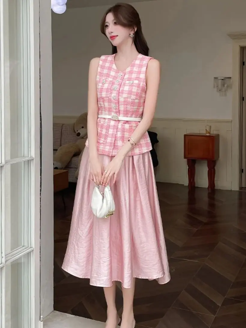 

High Quality Small Fragrant Women's Outfits 2025 New Elegant OL Sleeveless Plaid Vest jacket + Long Skirt Two Piece Sets Female