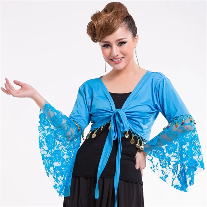 Nieuwe Vrouwen Buikdans Kostuum Kant Korte Mouwen Gouden Kleur Munten Tops Shawl Praktijk Kleding Buikdanseres Prestaties Tops