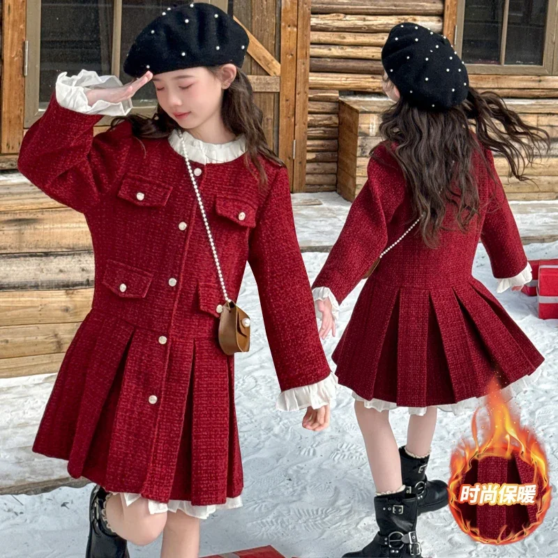 

4-8 10 12 14 new year chic red teen girls velvet dress+bag junior kid warm Ruffle collar pleated dresses Christmas child clothes