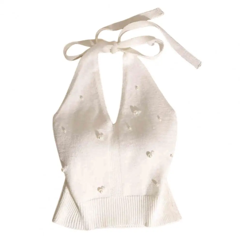 

Women Summer Tops Halter Neck Beaded Faux Pearls Camisole Soft Stretchy Loose Fit Solid Color Knitting High quality Tops