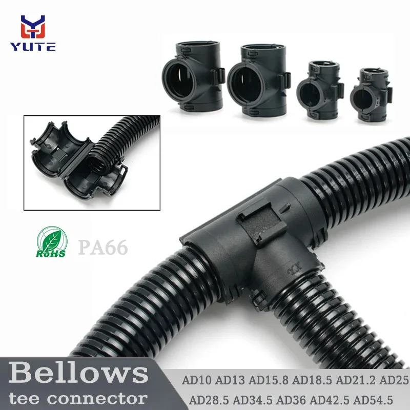 Tee-shaped plastic corrugated conduit for automotive wiring systems — PA66 construction — 10 mm inner diameter — female coupling