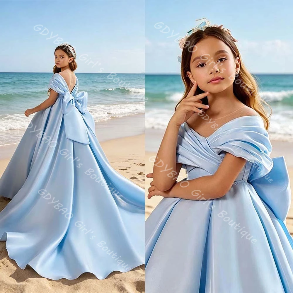 

Платье для девочек А-силуэта/принцесса из атласа с плиссировкой и цветочным декором, с прозрачным вырезом, со шлейфом, для причастия, конкурсов красоты, детское, на заказ, для свадебных торжеств