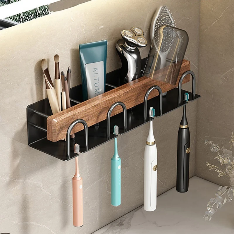 

Wood Multifunctional Toothbrush Rack And Mug Holder Wall Mounted Toothpaste And Mouthwash Storage With Toothpaste Squeezer