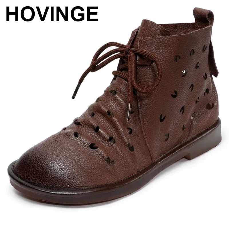 

Retro Handmade Hollow-out Summer Boot Genuine Leather Sandals Round Toe Sofe Sole Lace-up Flat Shoes