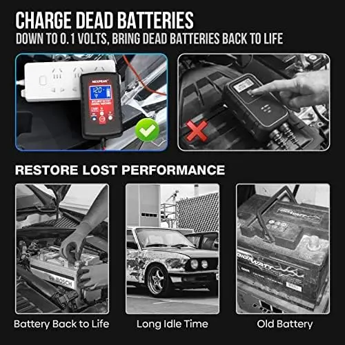 

1.75A Smart Battery Charger for Car, Motorcycle, Lawn Mower - 6V/12V Automatic Trickle Charger & Desulfator
