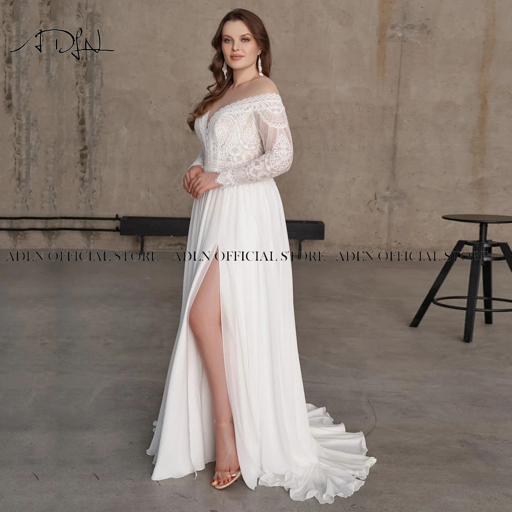 Chic Chiffon Plus Size Wedding Dresses Customized Long Sleeves Side Slit Bride Dress Boho Beach Bridal Gown Customized