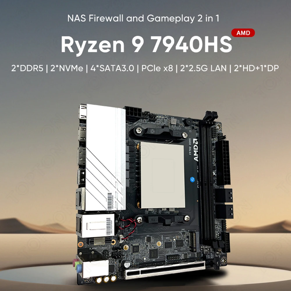 Cheap AMD Ryzen 9 7940HS 7 7840HS Gaming Mini Pc Board 2 NVMe 4 SATA3.0 1x PCIE x8 2x DDR5 2x2.5G LAN 17x17 ITX Nas Mainboard