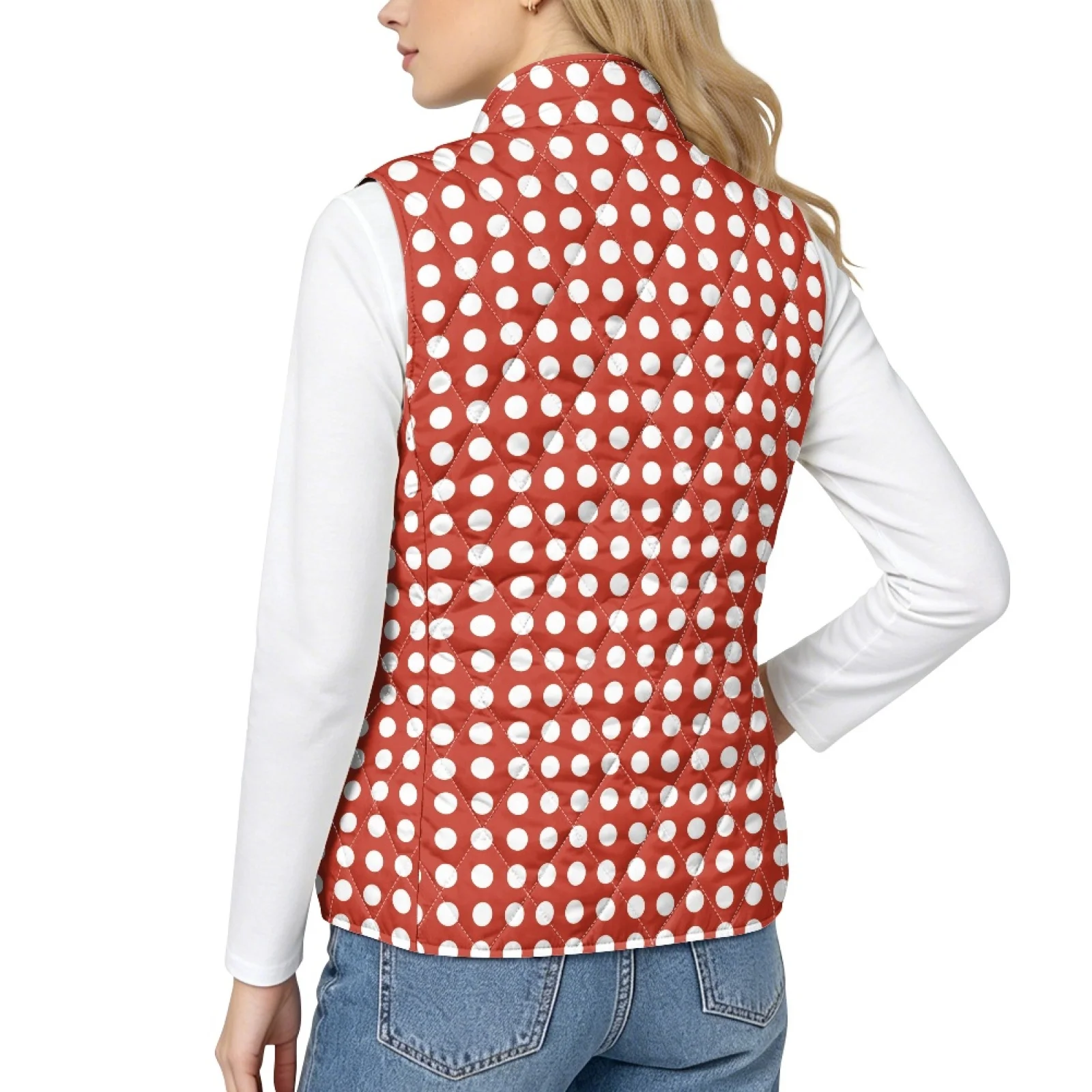 PENSTROLL Red Polka Dot Zip up Diamond Pattern Vest Lightweight Women's Vest Quilted Jacket Vest for Women for Winter Hiking