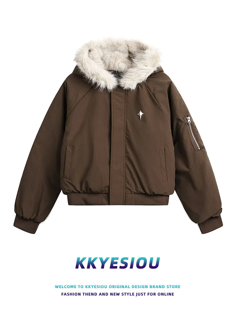 

American Retro Thiened ort Cotton Jaet with Fur Collar for Men Winter Warm Casual Sle Pure Color Couple Coats