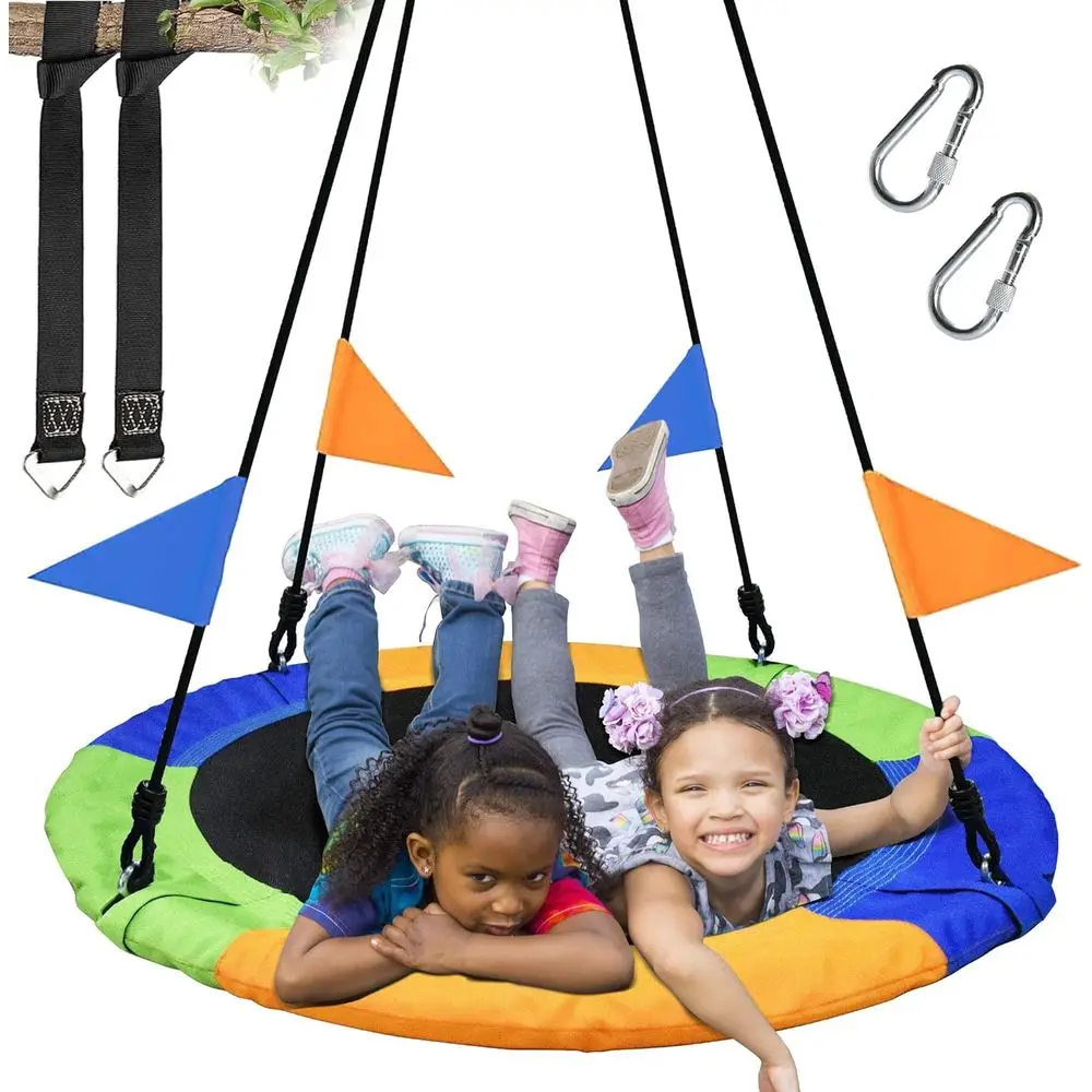 

40 Inch Saucer Tree Swing lying 900lb Weight acity 2 Added Hanging Straps Adjustable Multi-Strand Ropes Colorul Sae and Durable