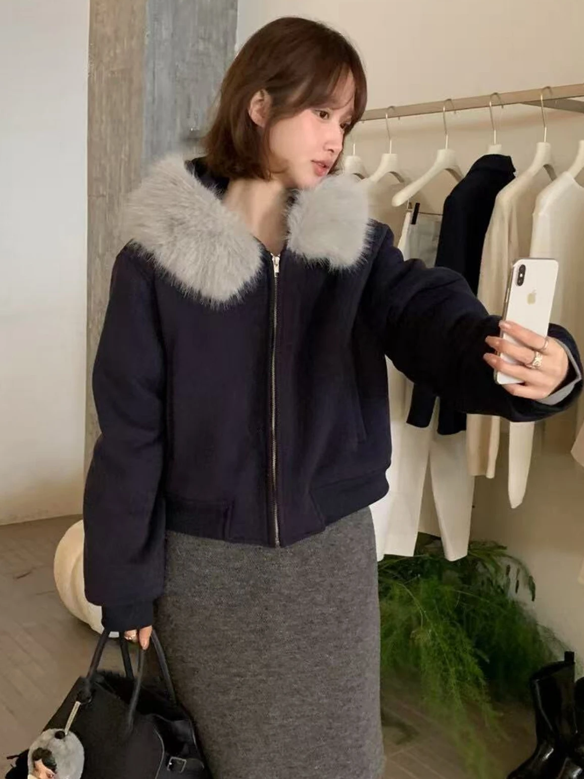 

Korean Sle Removable Fur Collar Thiened Fce Lined Hooded Jaet Women Winter New Zipper Faion Sweatirt Trendy