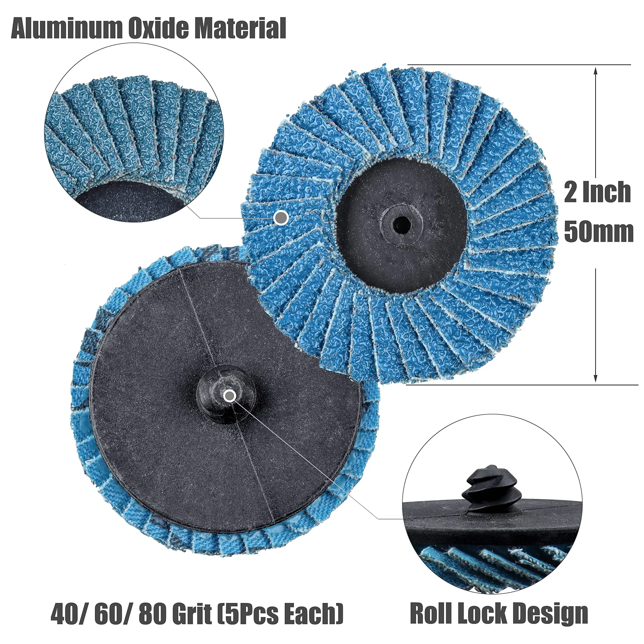 2 Inch Roll Lock Flap Discs 16 Pcs 40 60 80 Grit Abrasive Grinder Wheels with 1/4" Shank Sanding Disc Pad Holder for Wood Metal