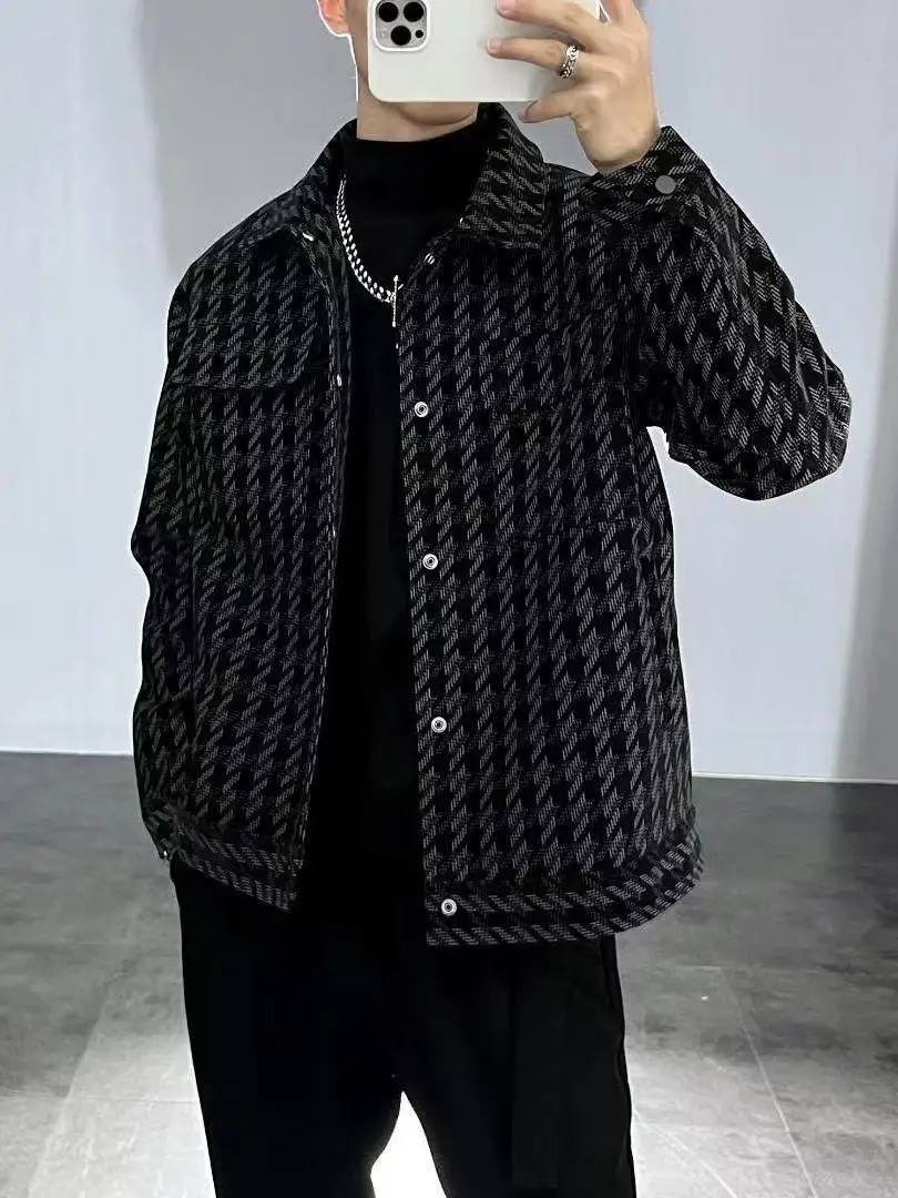 

2025 Spring Autumn Men's Plaid Jaet Stand Collar Outerwear Casual Sle Stand Fit Polyester Fabric Youth Faion