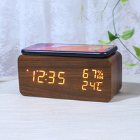 Intelligent wooden alarm clock with humidity wireless charging student specific digital LED creative wooden clock