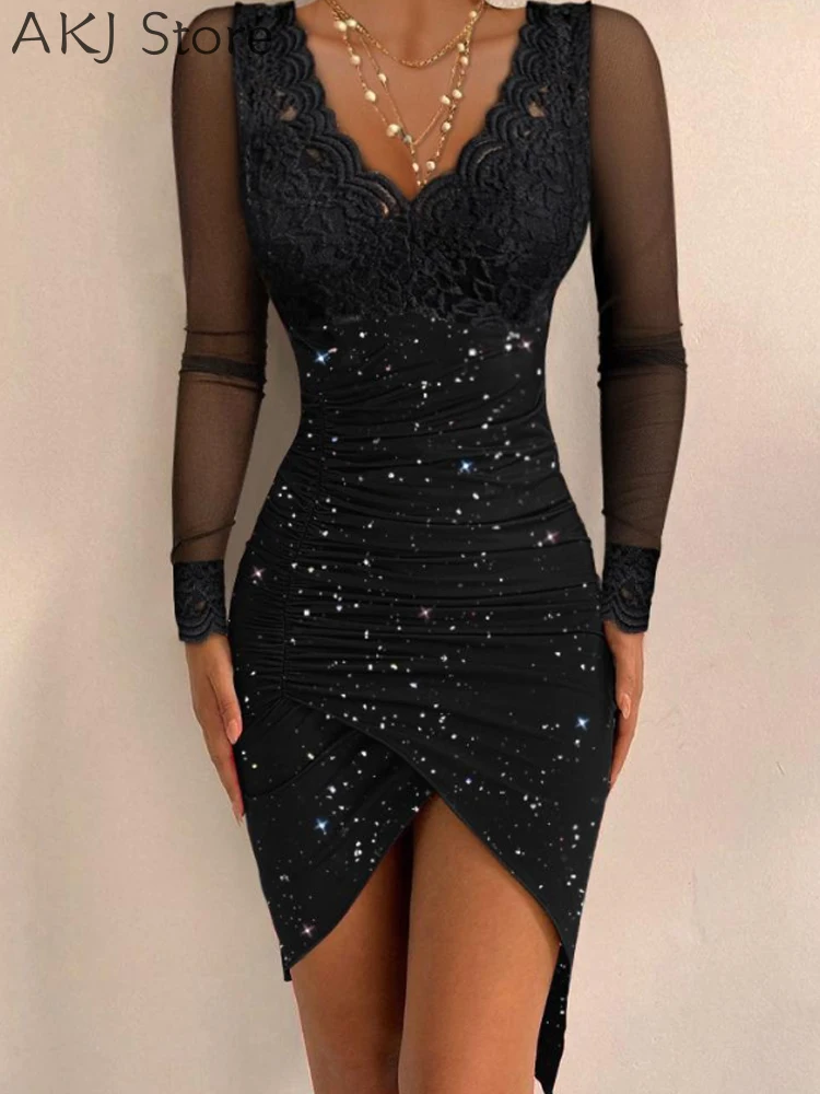 Abito aderente da donna con scollo a V in pizzo a maniche lunghe con volant glitterato