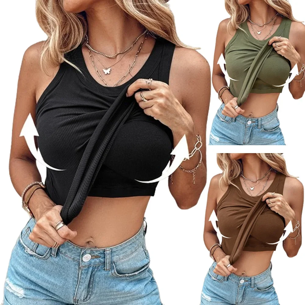 

Women Short Sleeve Tank Top with Bra Round Neck Solid Color Vest Sexy Outerwear Tops Simple Design