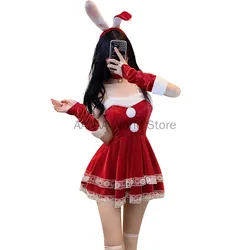 Woman Christmas Red Dress Sweet Bunny Girl Costume Rabbit Woman Set Bunny Suit Sexy Lingeries Lady Cosplay New Year Maid Uniform