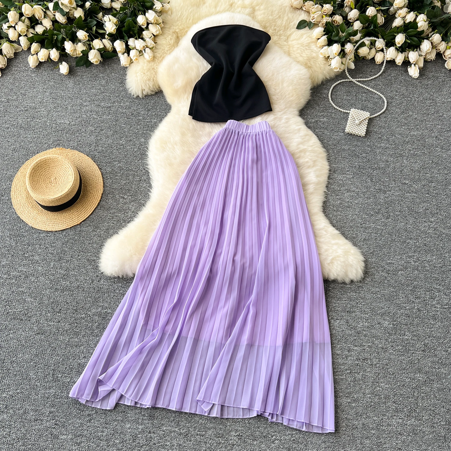 

Summer Vacation Two Piece Skirt Set For Women Slim Fit Sleeveless Strapless Top+High Waisted Pleated Chiffon Skirt