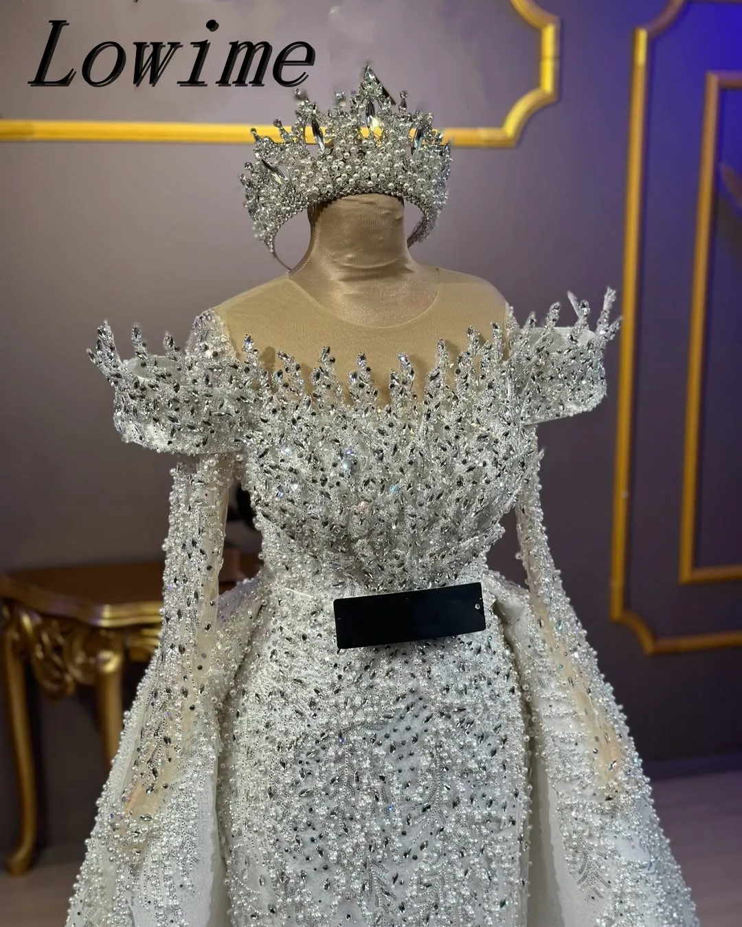 Lowime Custom Made Sparky Long Sleeves Mermaid Evening Dresses With Detachable Train Customized Engagement Party Dresses