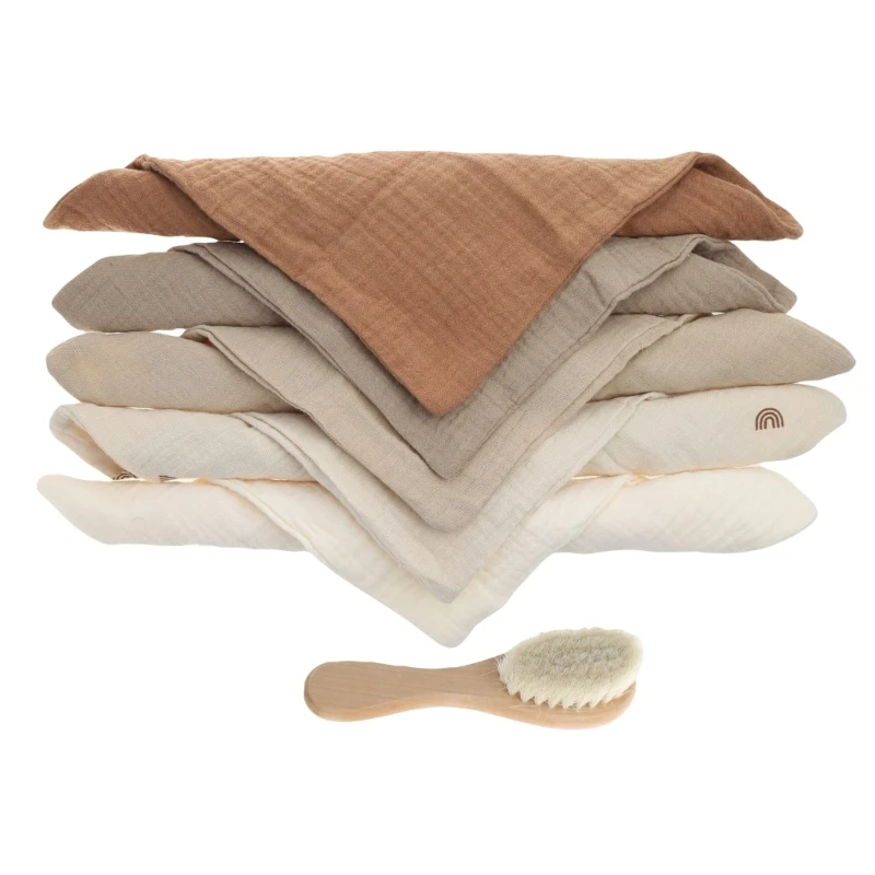 5 Pcs Baby Cotton Square Towel with Newborn Hair Brush Infant Hand Face Washcloth Handkerchief Muslin Cloth Feeding Bib Burp for