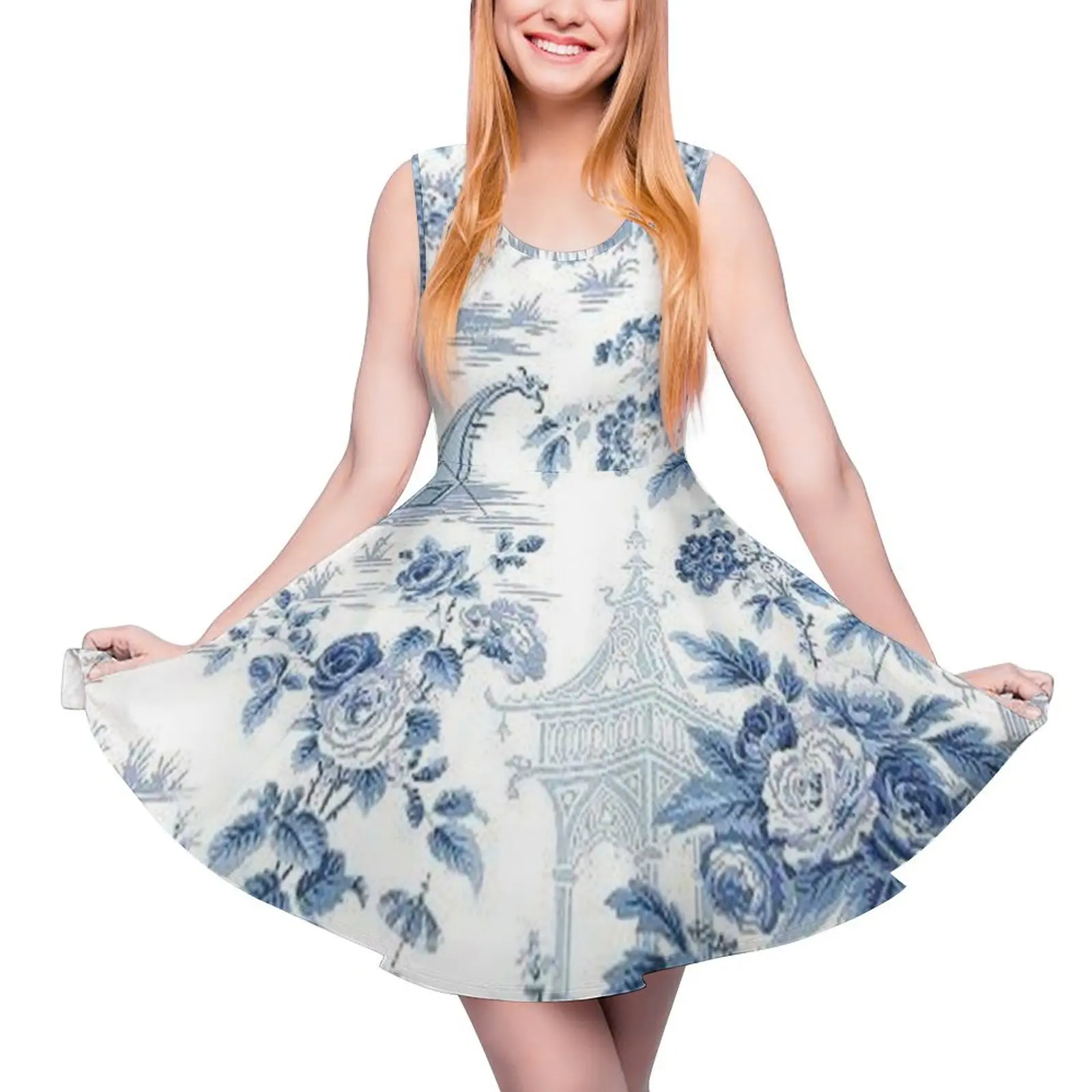 Powder Blue Chinoiserie Toile Sleeveless Dress dress summer Prom gown Women