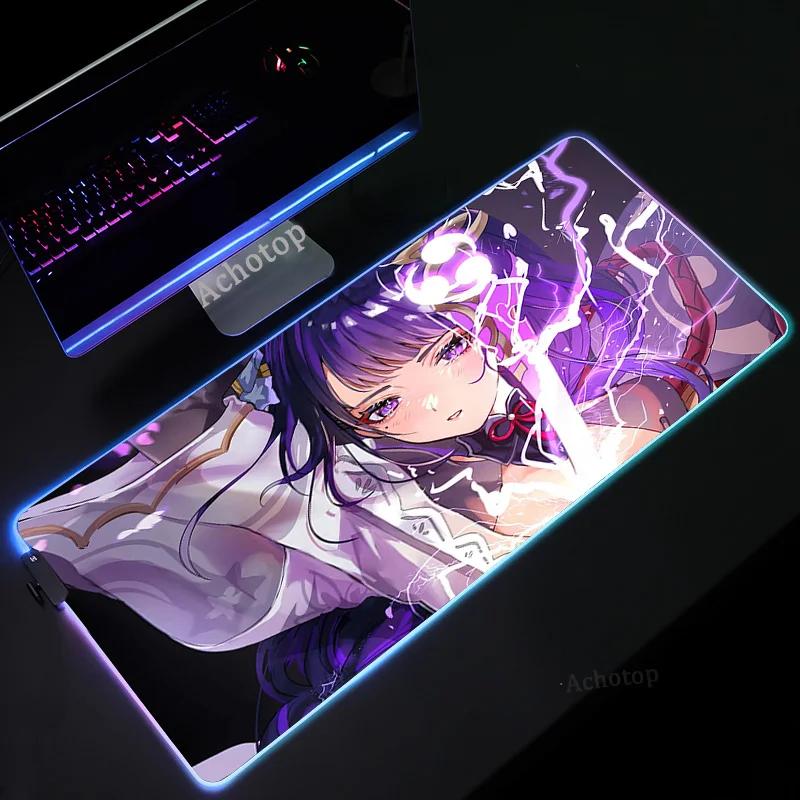 Genshin impacto anime mouse pad pc gamer rgb computador portátil led teclado tapete do rato xxl luminoso grande mousepad teclado tapete de mesa