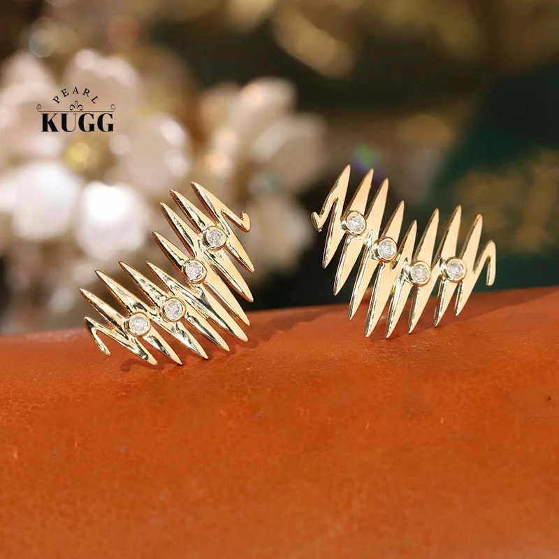 KUGG 100% 18K Yellow Gold Earrings Fashion INS Style Real Natural Diamond Stud Earrings for Women High Birthday Gift