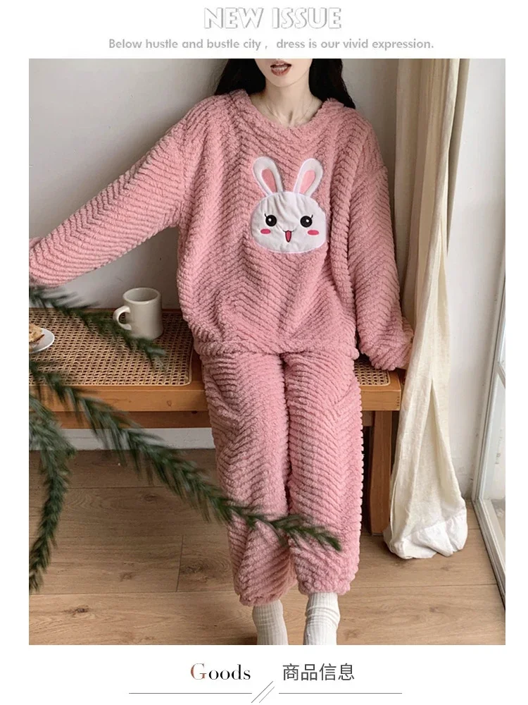 5XL Plus Size Thickened Warm Pajamas Women Winter Two Pieces Set Flannel Homewear O-Neck Loose Cartoon Rabbit Ladies Sleepwear