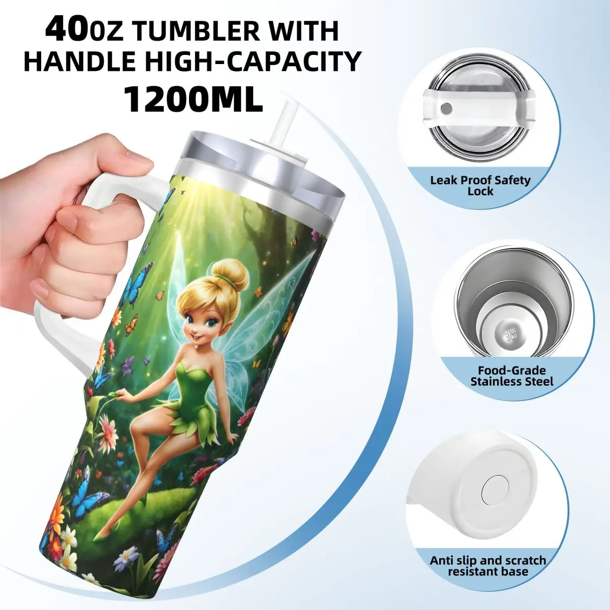 MINISO Tinker Bell Stainless Steel Tumbler Camping Car Mugs 40oz Thermal Mug Leakproof Hot Drinks Milk Tea Water Bottle