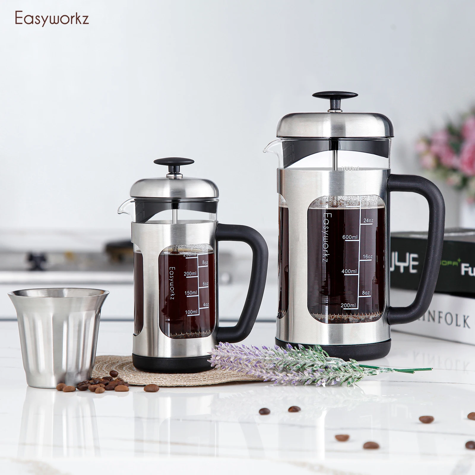 Easyworkz French Press  Coffee Tea Maker with Borosilicate Glass,Soft Grip Handle