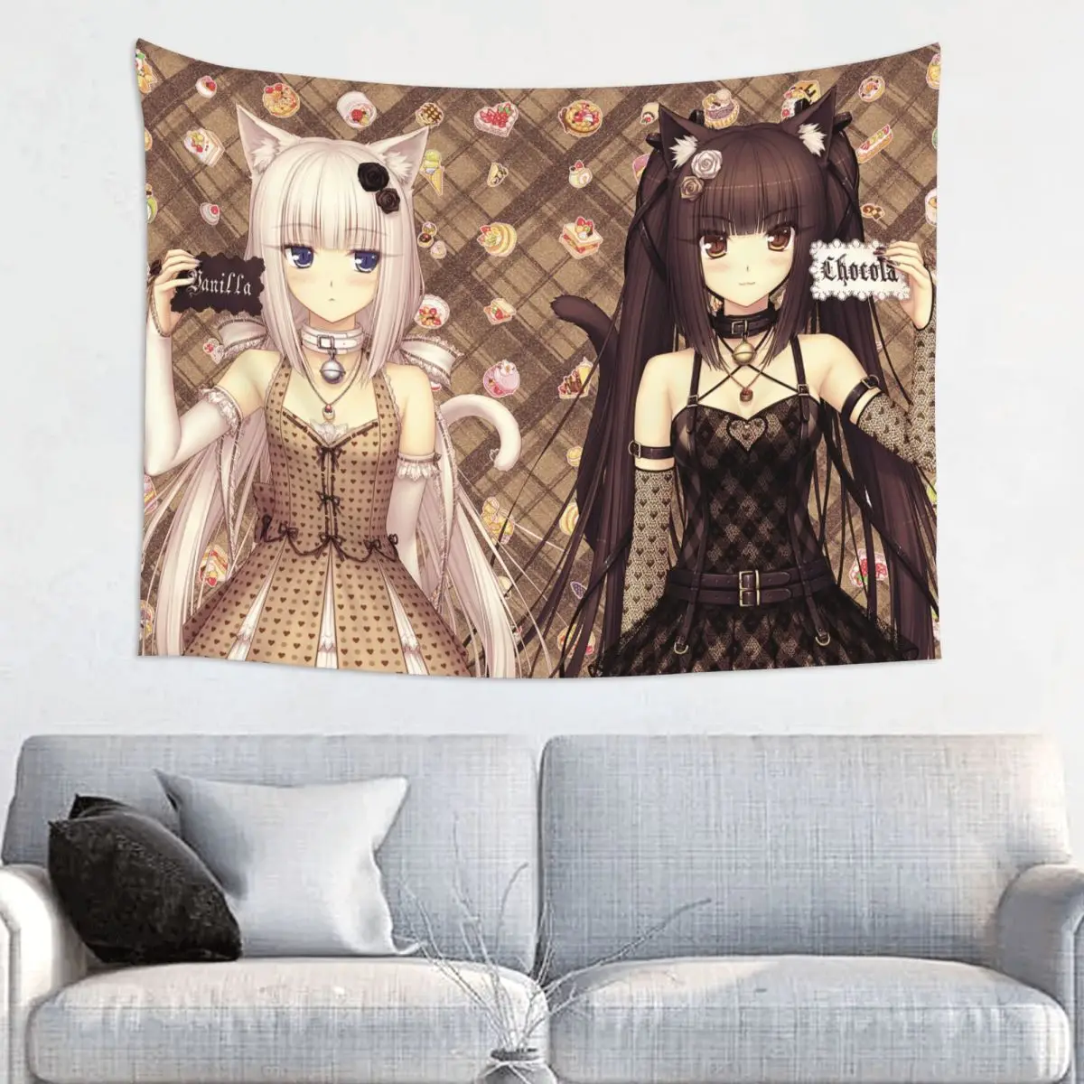 Chocola Vanilla Sexy Gir Tapestry Hippie Wall Hanging Japanese Anime Nekopara Decoration for Bedroom Beach Mat Retro Blanket