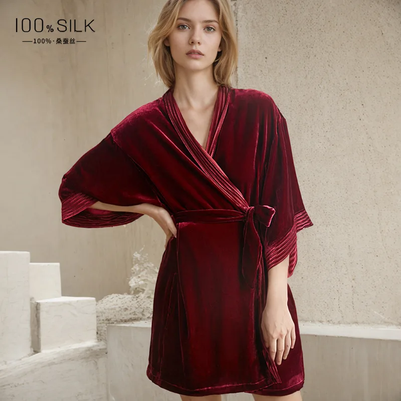 High Quality Half Sleeve Nightgown Women's Waist Thickened Warm Outerwear Gown Pajamas Real Silk Velvet Home Wear