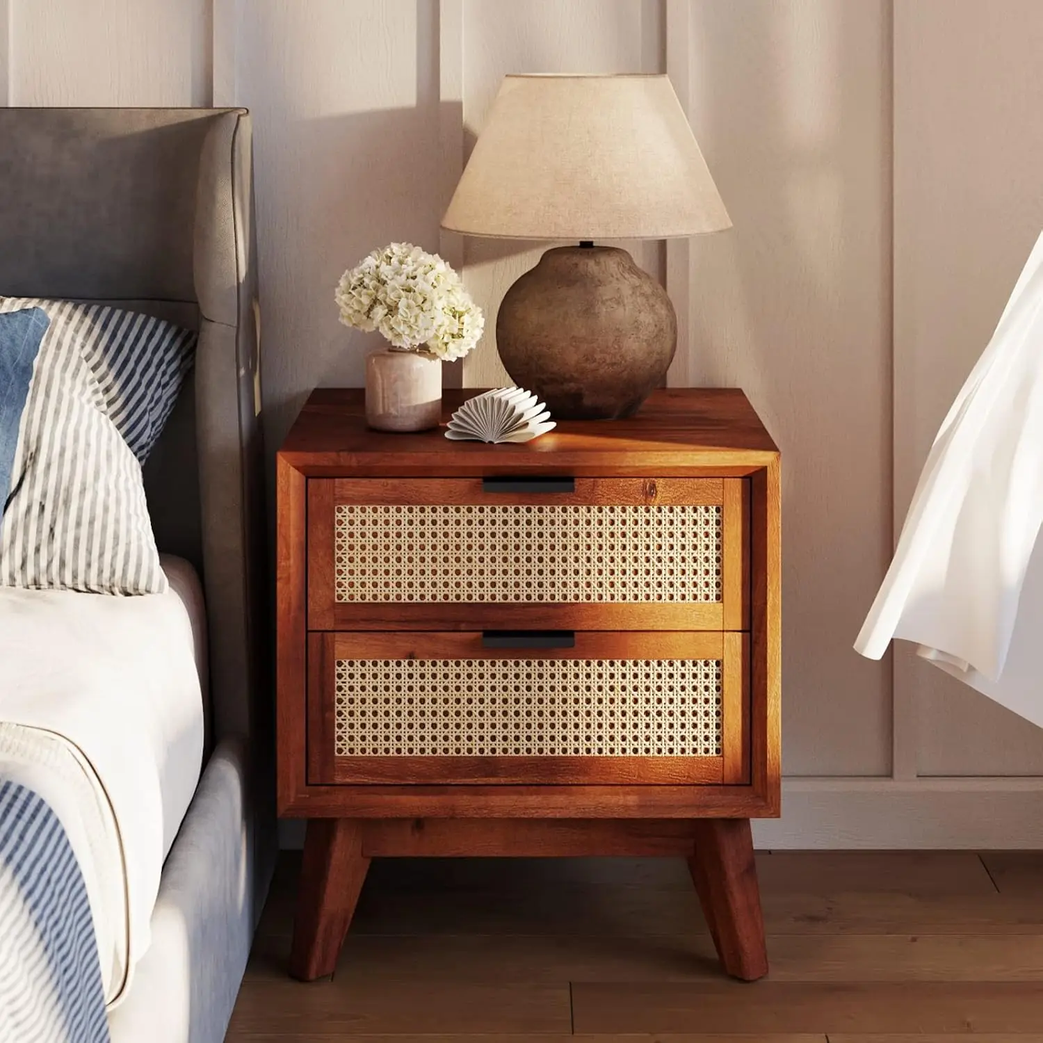 Jasper Deluxe Solid Wood Rattan Nightstand Fully Assembled-Mid Century Modern Side Table with 2 Drawers-Multipurpose use for